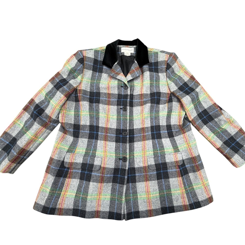 Evan-Picone Womens 20W Wool Plaid Blazer Jacket Velvet Collar Grey Multi-Color